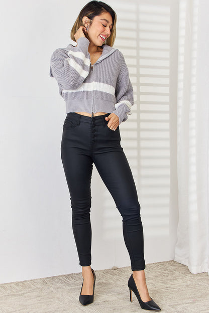 Striped Zip Up Dropped Shoulder Cardigan-Angel Casuals