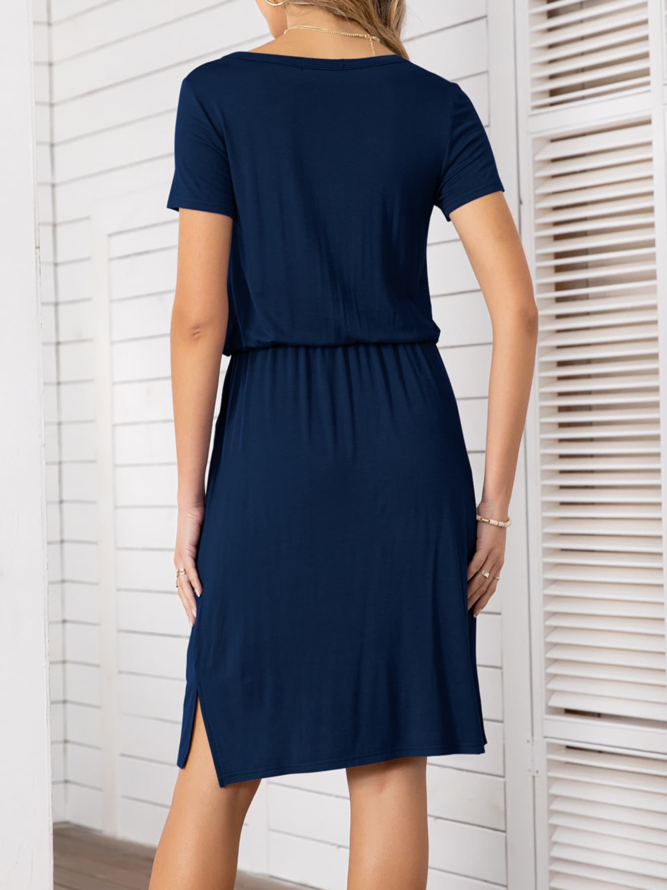 Round Neck Short Sleeve Slit Dress with Pockets-Angel Casuals