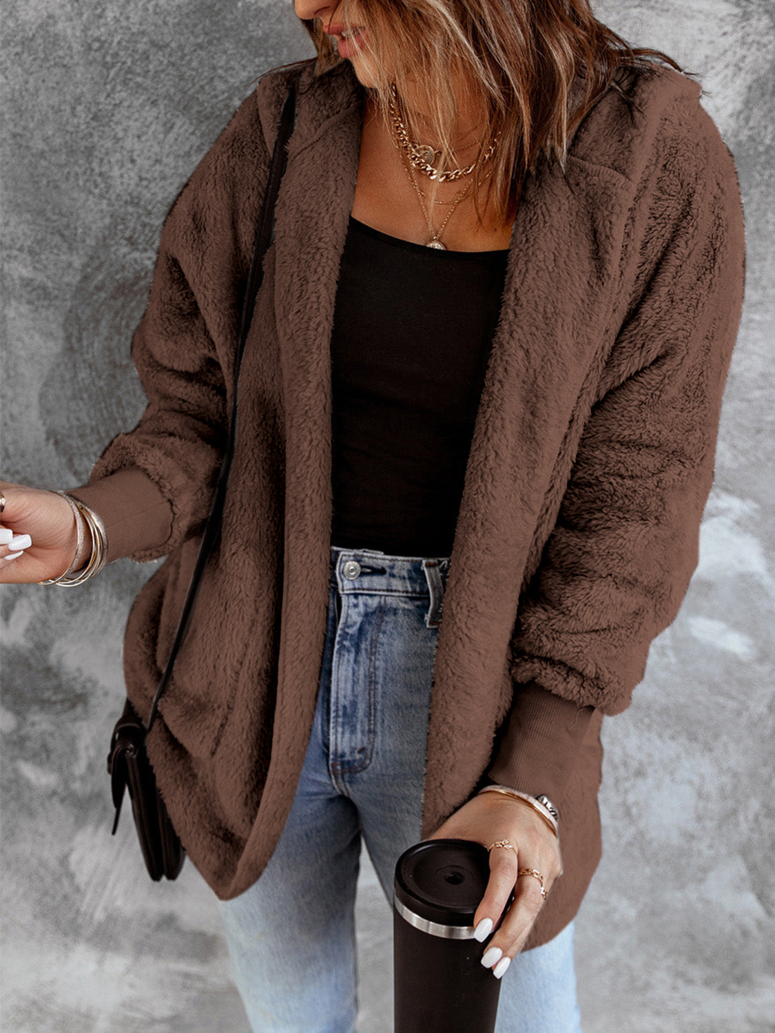 Open Front Hooded Faux Fur Outwear with Pockets-Angel Casuals