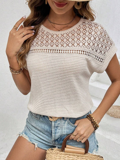 Waffle-Knit Round Neck Short Sleeve Top-Angel Casuals
