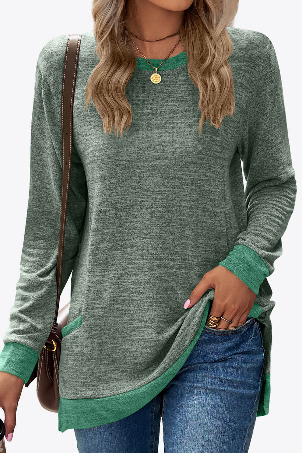 Heathered Slit Top with Pockets-Angel Casuals