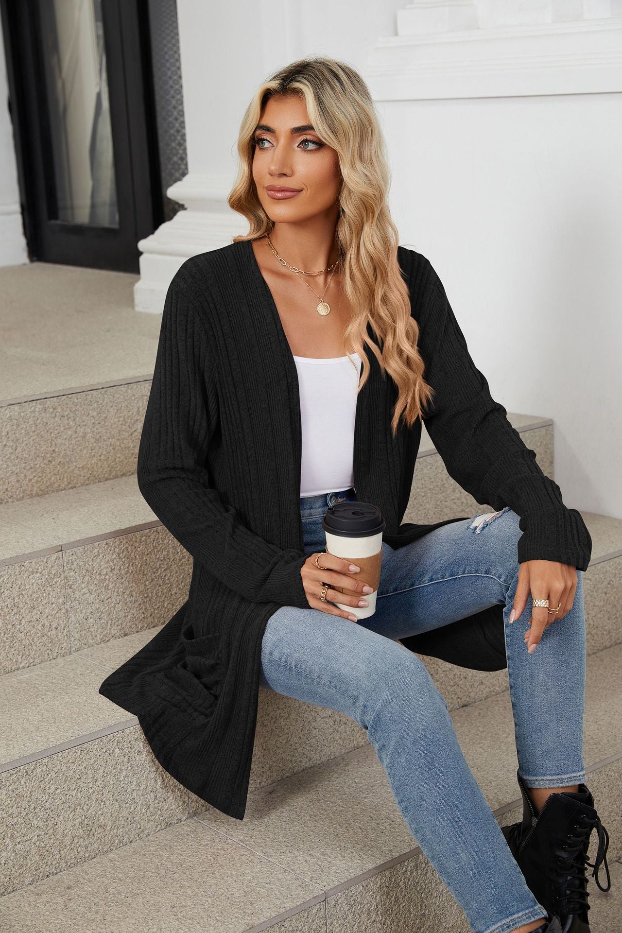 Pocketed Open Front Long Sleeve Cardigan-Angel Casuals