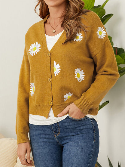 Flower Button Front Dropped Shoulder Cardigan-Angel Casuals