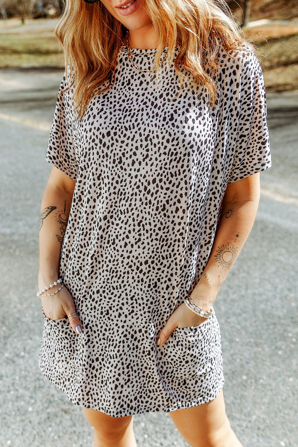 Animal Print Round Neck Tunic Tee with Pockets-Angel Casuals