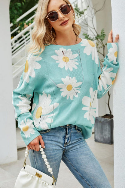 Angel Wings Daisy Print Openwork Round Neck Sweater-Angel Casuals