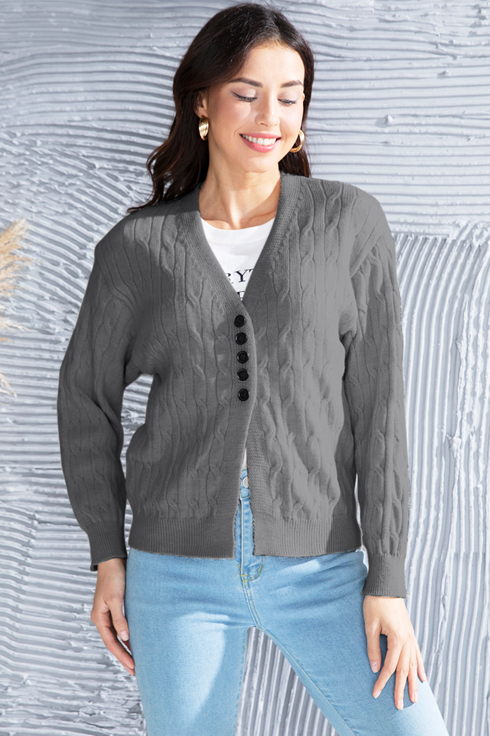 Cable-Knit Button Up Dropped Shoulder Cardigan-Angel Casuals
