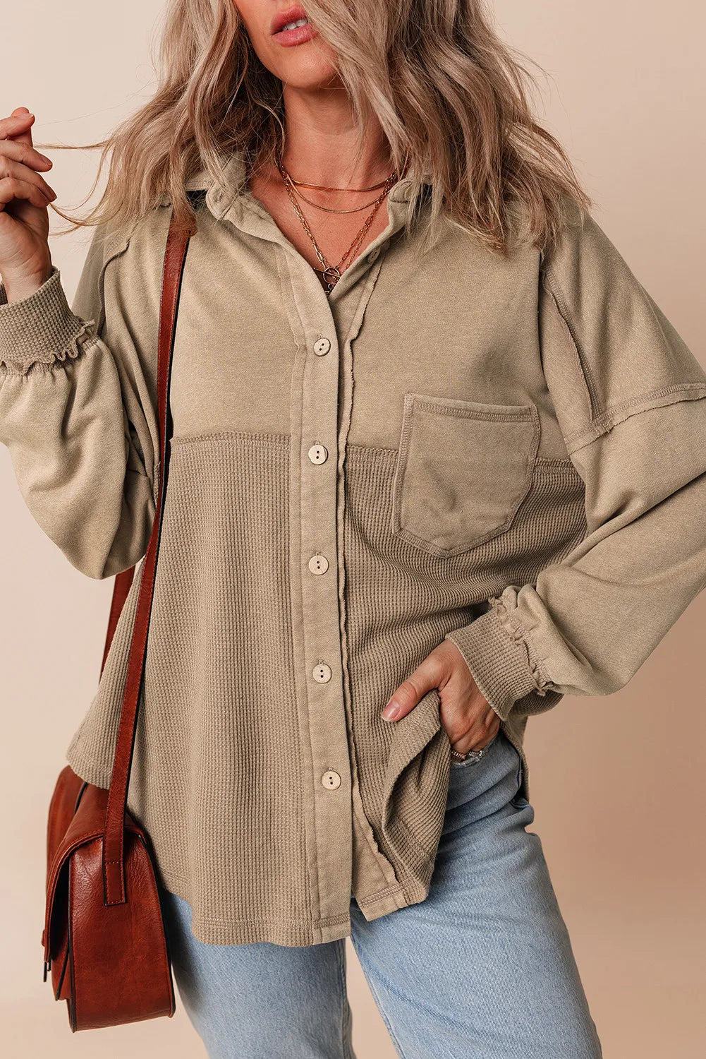 Waffle-Knit Collared Neck Long Sleeve Shacket-Angel Casuals