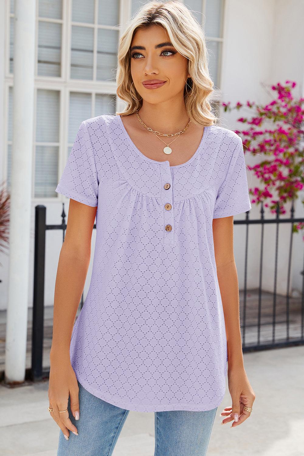 Eyelet Quarter Button Short Sleeve T-Shirt-Angel Casuals