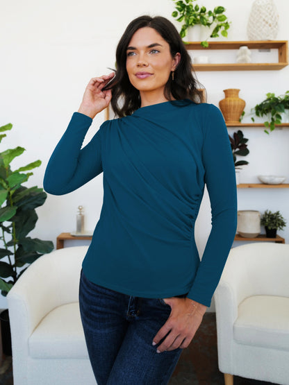 FAM-FAM Ruched Mock Neck Long Sleeve T-Shirt-Angel Casuals