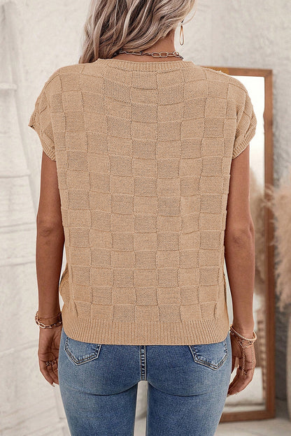 Pocketed Checkered Round Neck Knit Top-Angel Casuals