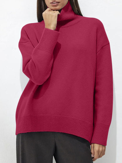 Turtleneck Drop Shoulder Long Sleeve Sweater-Angel Casuals