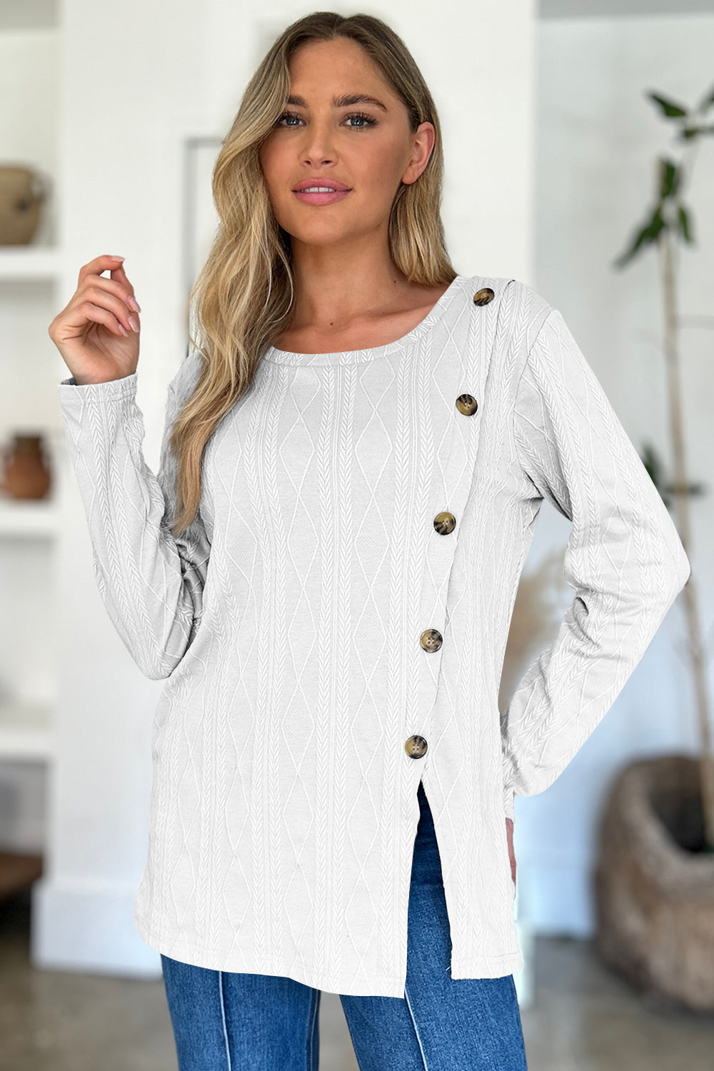 FAM-FAM Slit Round Neck Long Sleeve T-Shirt-Angel Casuals
