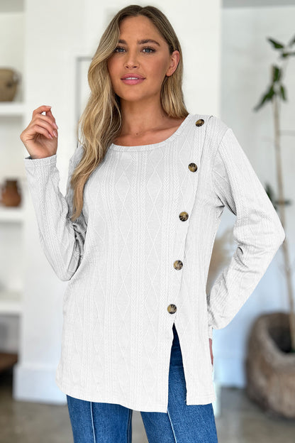 FAM-FAM Slit Round Neck Long Sleeve T-Shirt-Angel Casuals