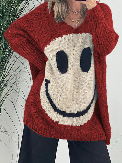 Smiling Face V-Neck Long Sleeve Sweater-Angel Casuals