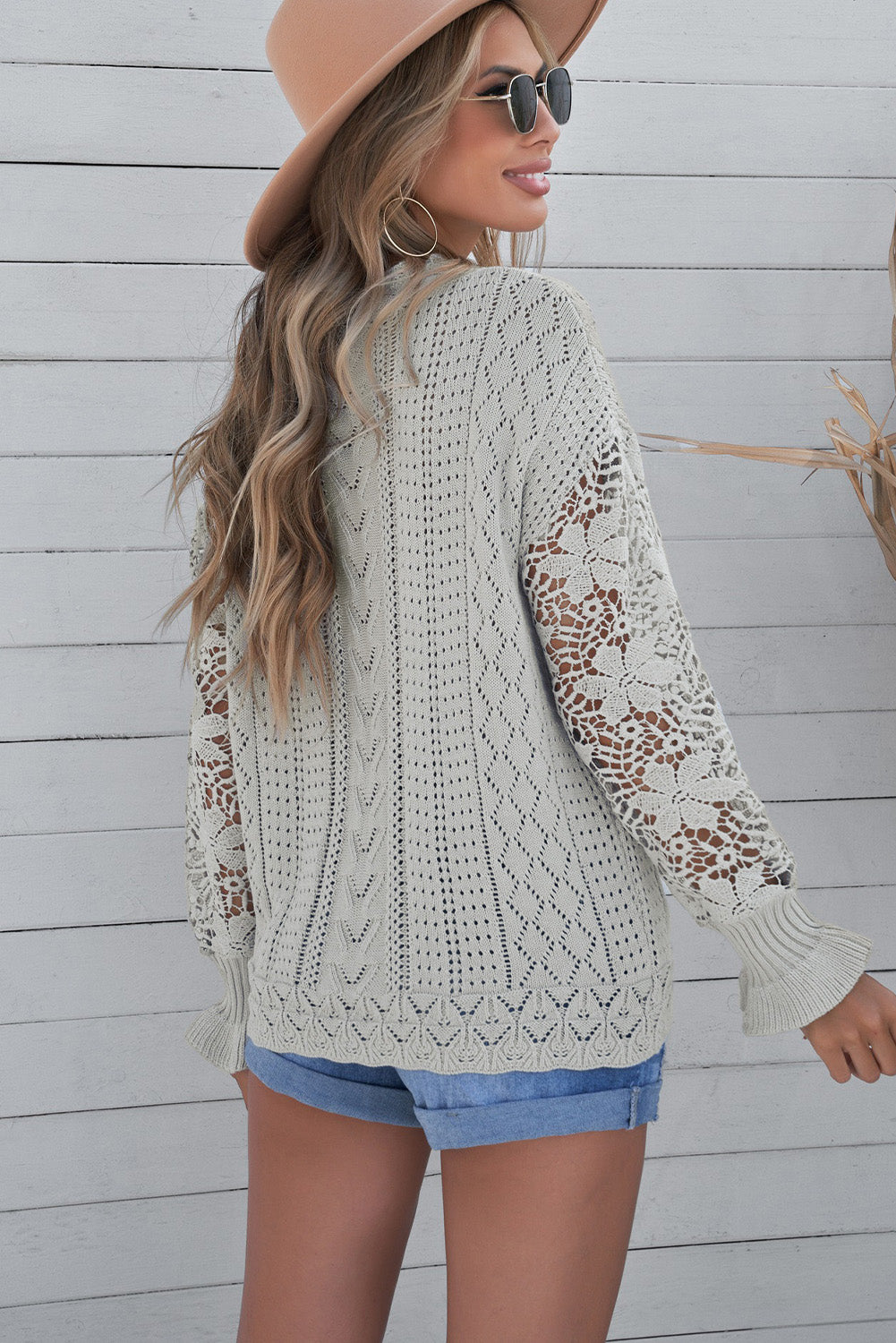 Openwork Lantern Sleeve Dropped Shoulder Sweater-Angel Casuals