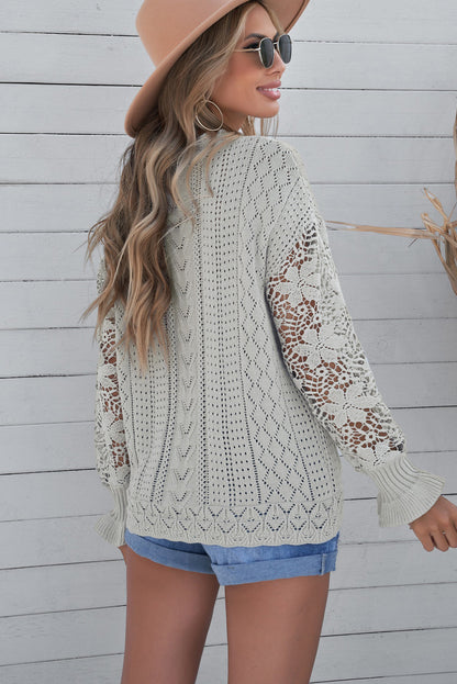 Openwork Lantern Sleeve Dropped Shoulder Sweater-Angel Casuals