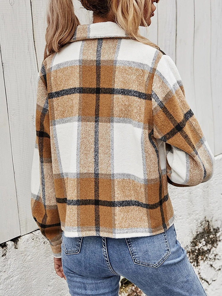 Plaid Collared Neck Jacket with Breast Pockets-Angel Casuals