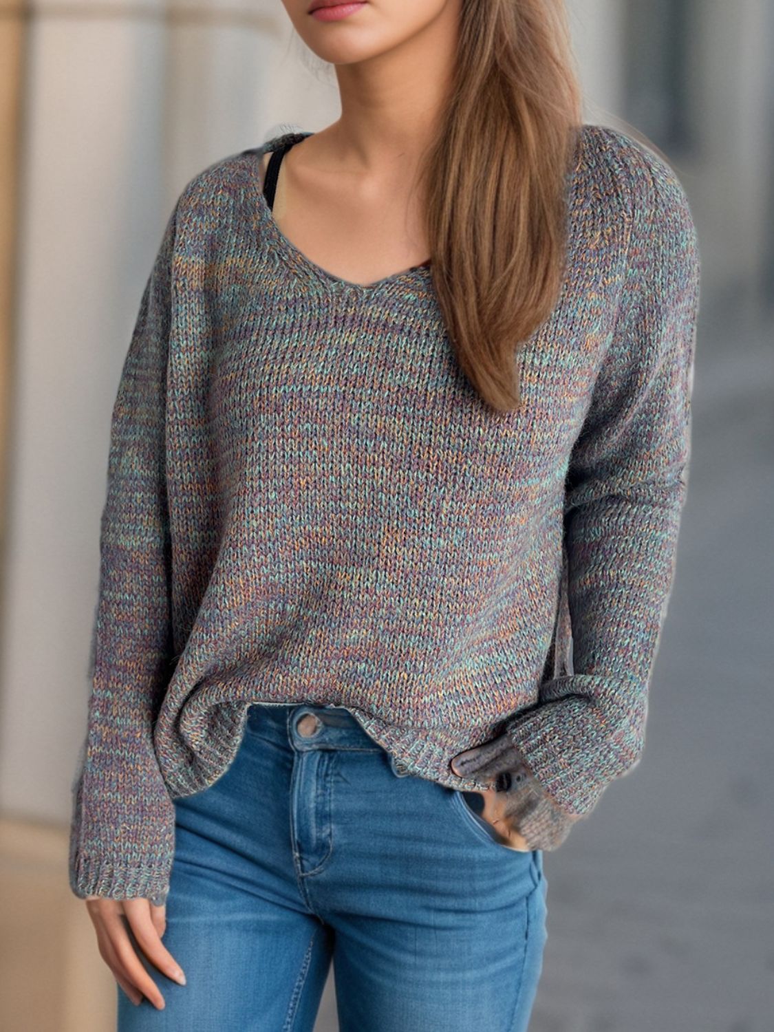 Heathered V-Neck Long Sleeve Sweater-Angel Casuals