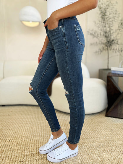 Judy Blue Full Size Mid Waist Distressed Slim Jeans-Angel Casuals