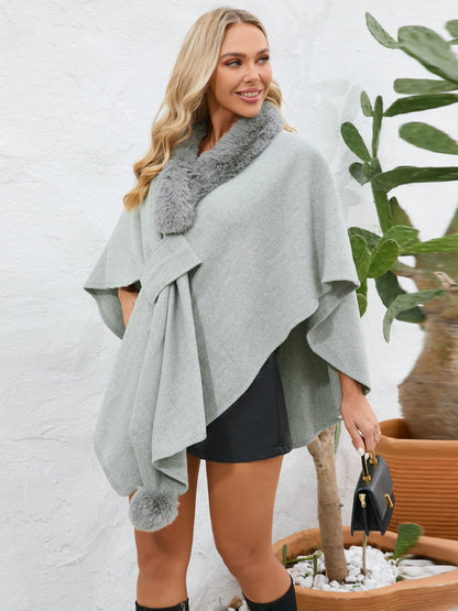 Fuzzy Trim Open Front Poncho-Angel Casuals