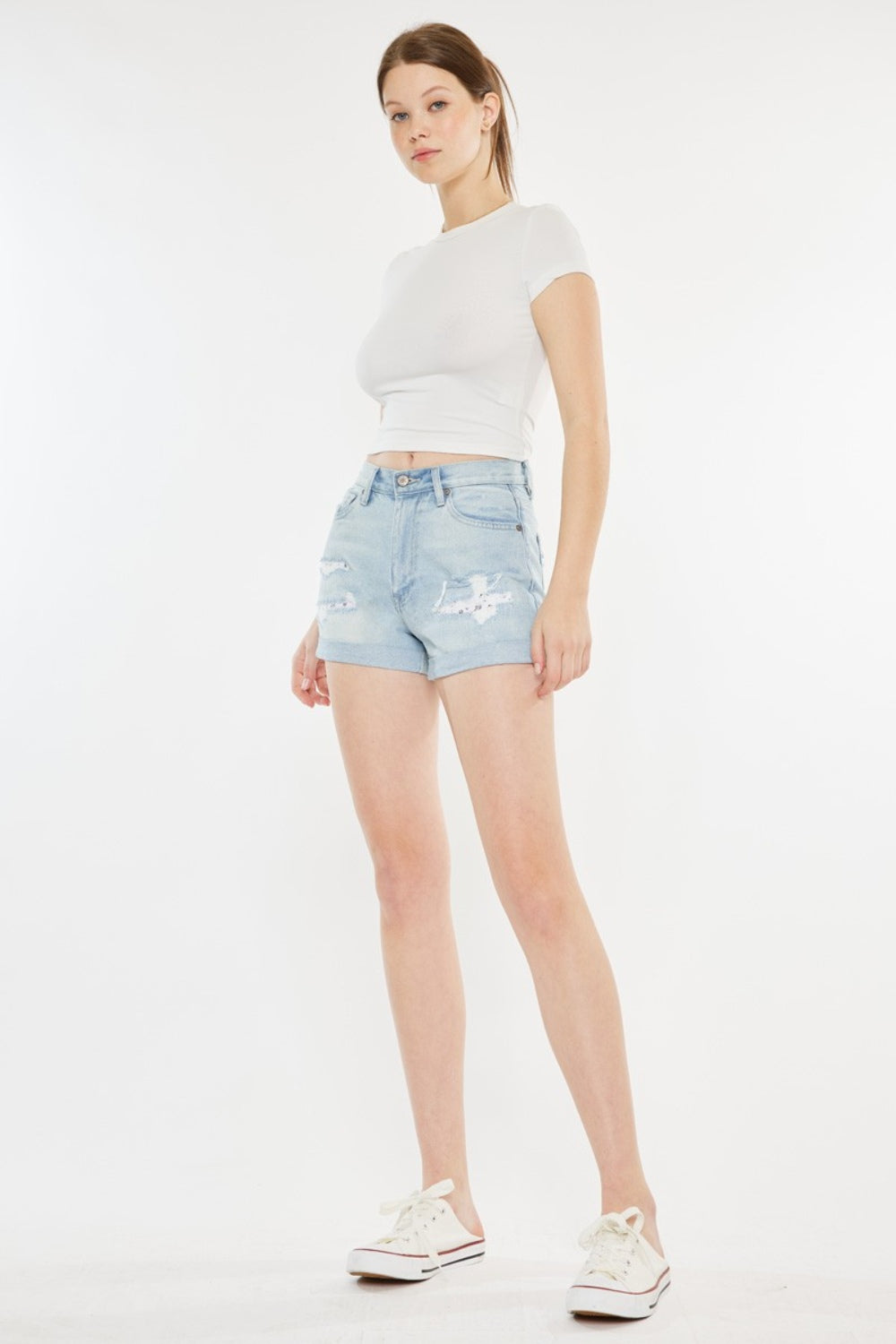 Kancan High Rise Repaired Mom Denim Shorts-Angel Casuals