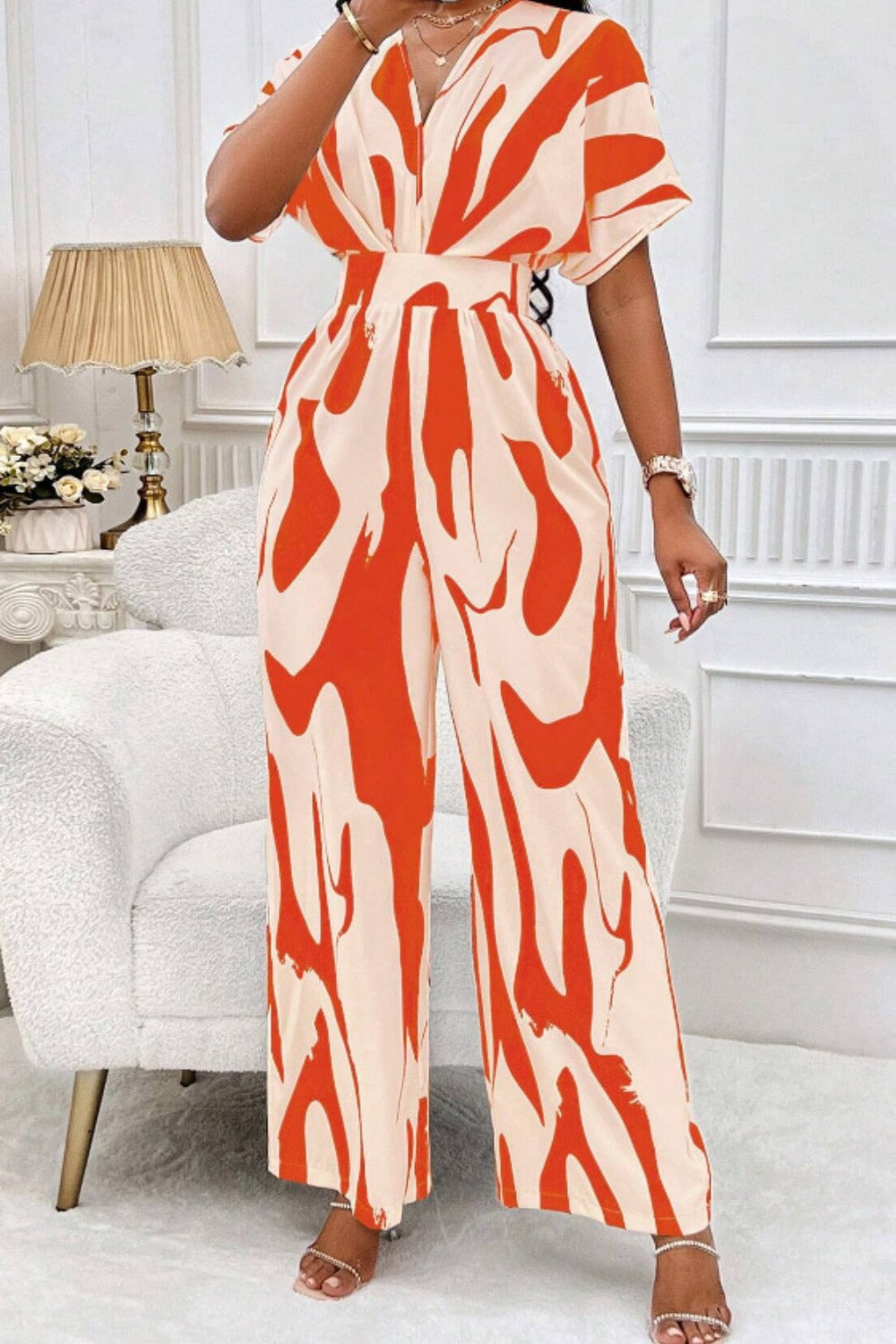 Printed V-Neck Short Sleeve Wide Leg Jumpsuit-Angel Casuals