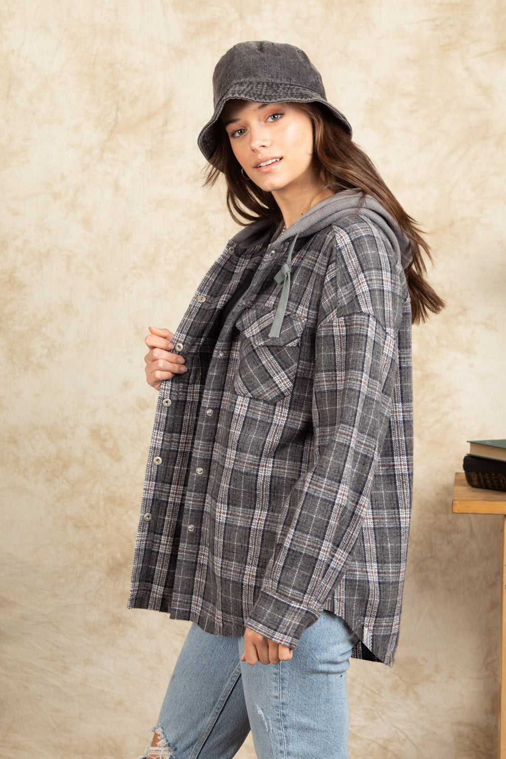 Drawstring Plaid Long Sleeve Hooded Jacket-Angel Casuals