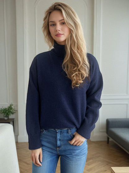 Turtleneck Dropped Shoulder Long Sleeve Sweater-Angel Casuals