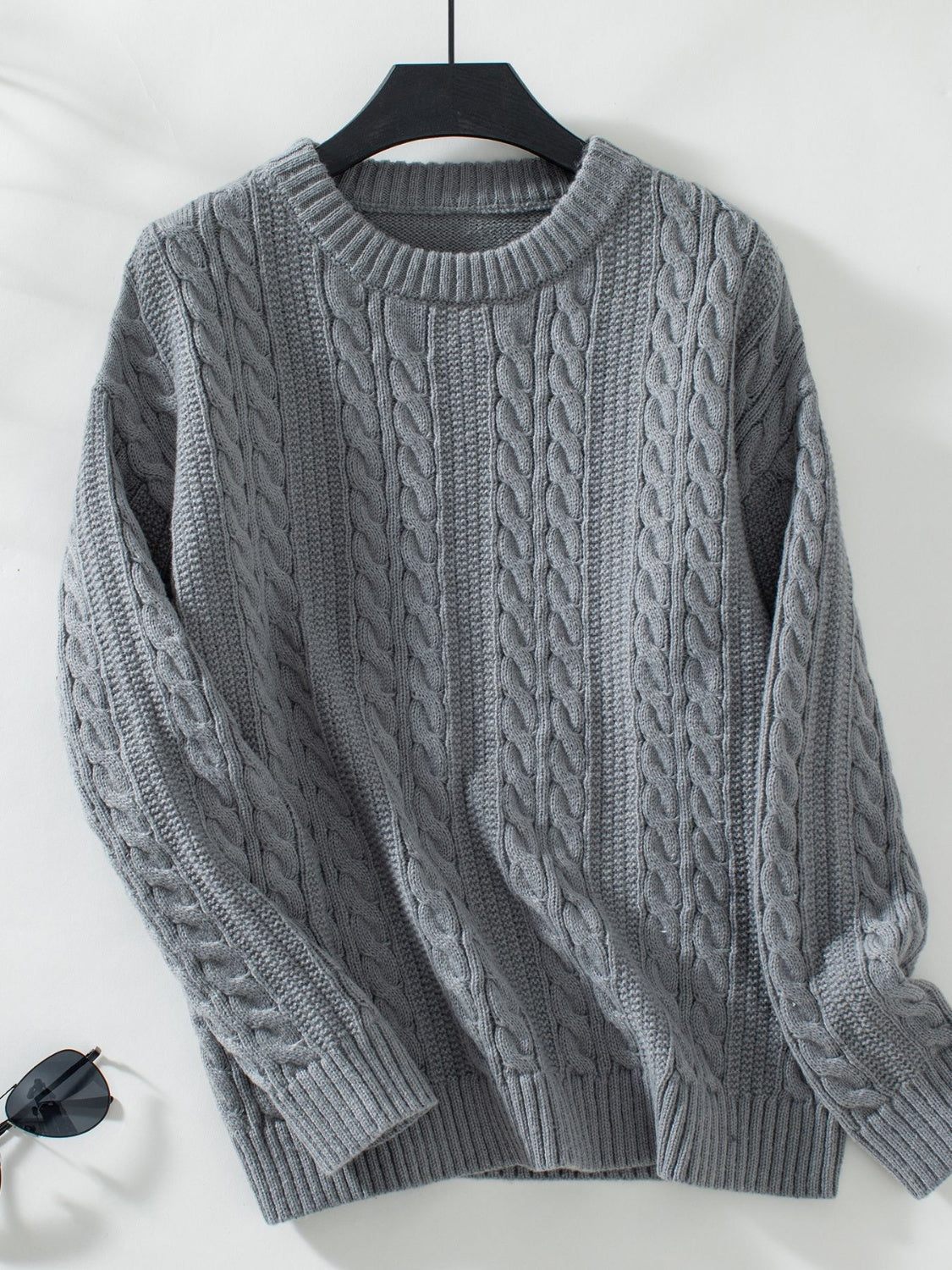 Cable-Knit Round Neck Long Sleeve Sweater-Angel Casuals