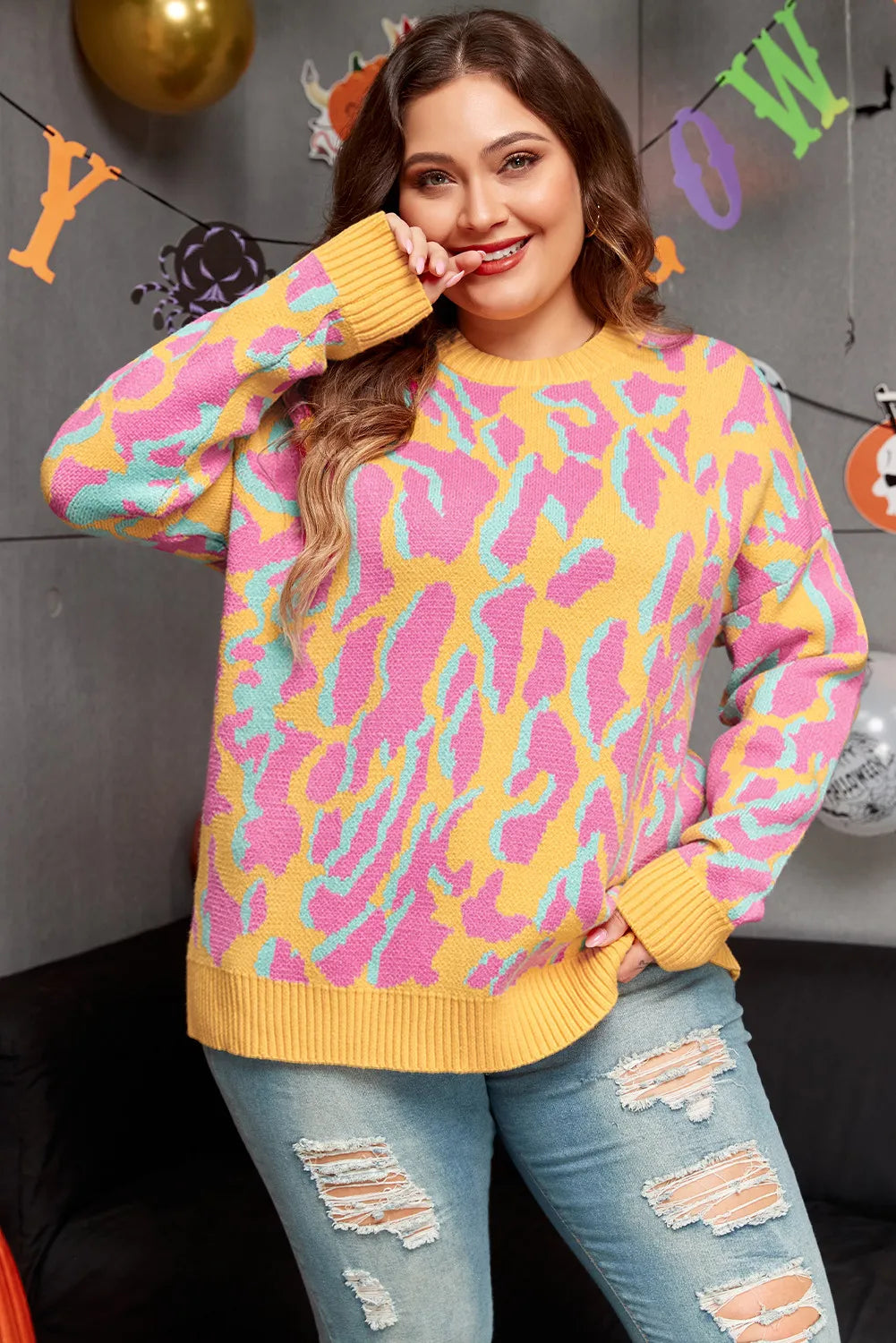 Plus Size Contrast Round Neck Long Sleeve Sweater-Angel Casuals