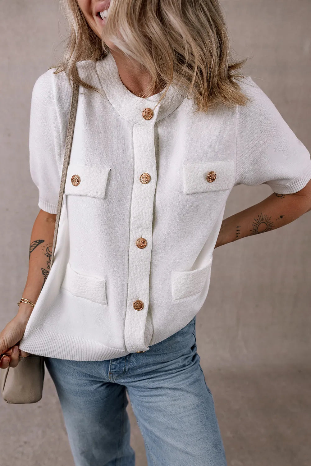 Button Up Round Neck Short Sleeve Knit Top-Angel Casuals