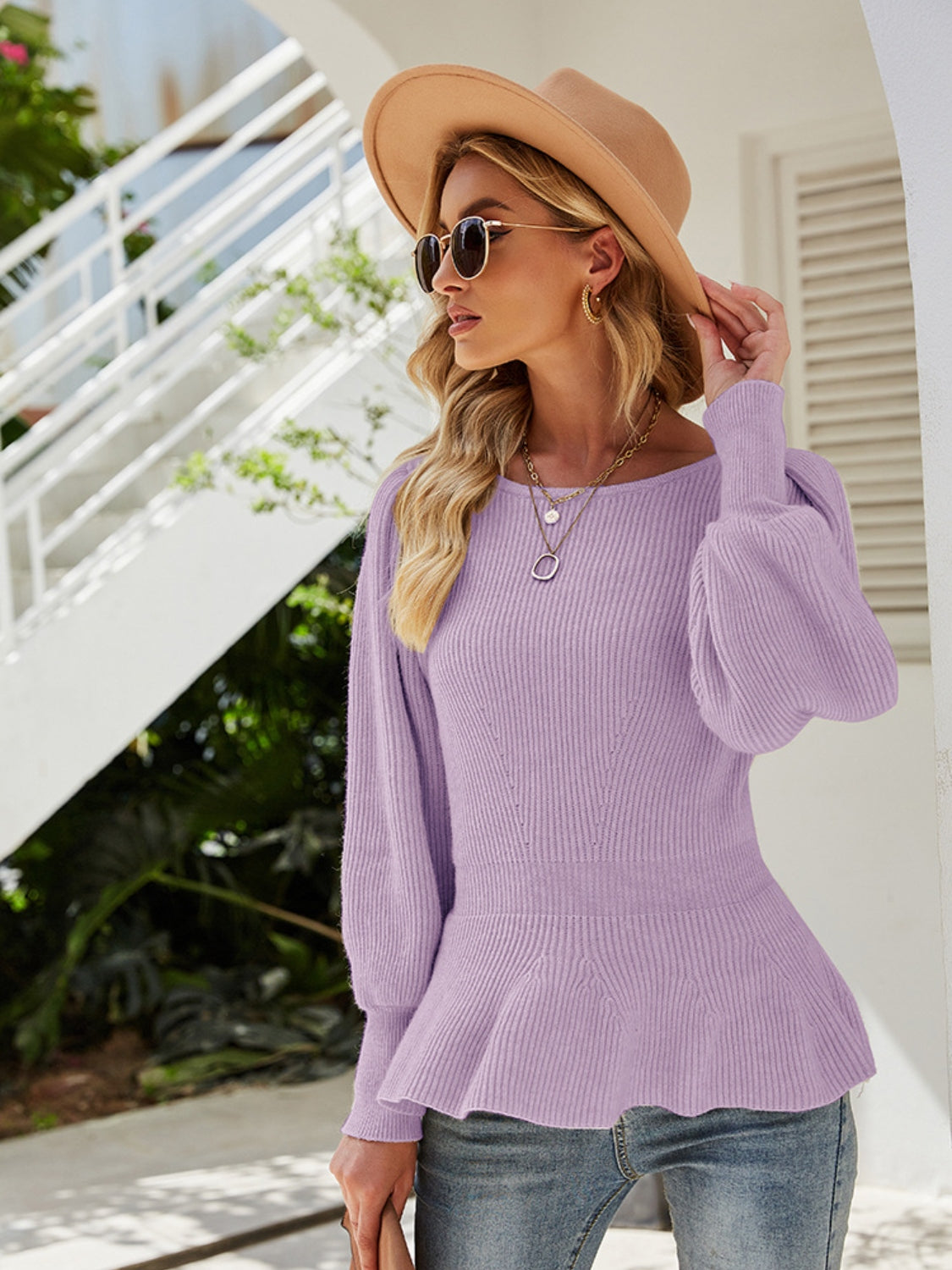 Ribbed Round Neck Lantern Sleeve Sweater-Angel Casuals