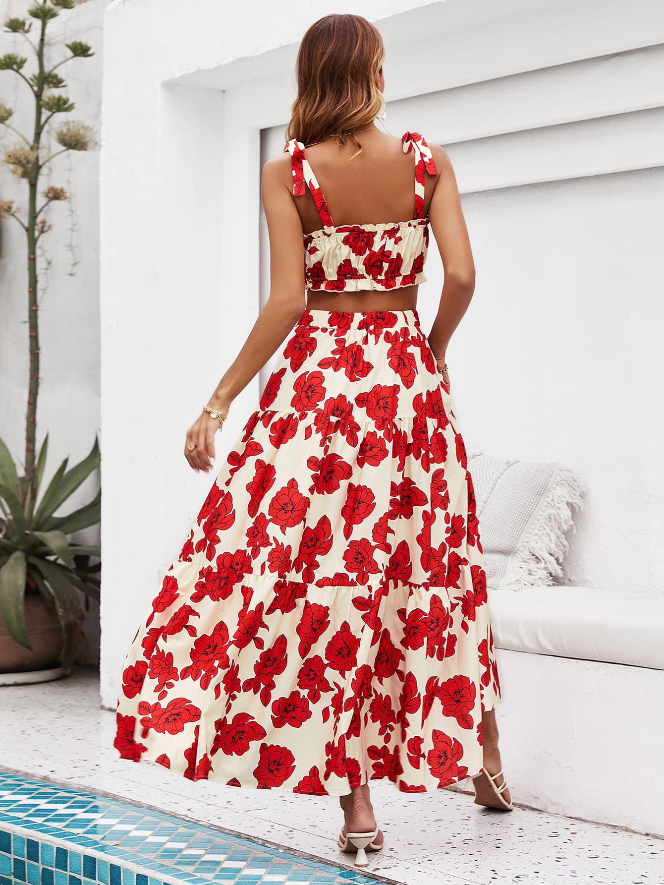 Floral Tie Shoulder Top and Tiered Maxi Skirt Set-Angel Casuals