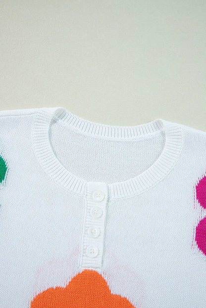 Flower Round Neck Quarter Button Knit Top-Angel Casuals