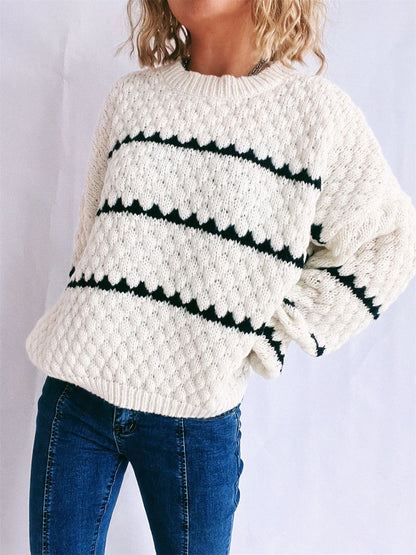 Contrast Stripes Round Neck Long Sleeve Sweater-Angel Casuals