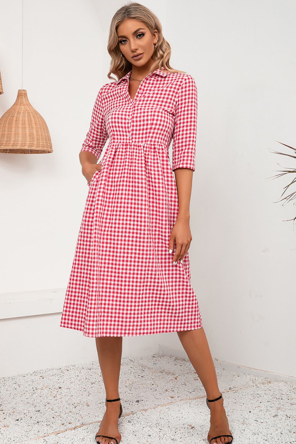 Plaid Collared Neck Midi Dress-Angel Casuals