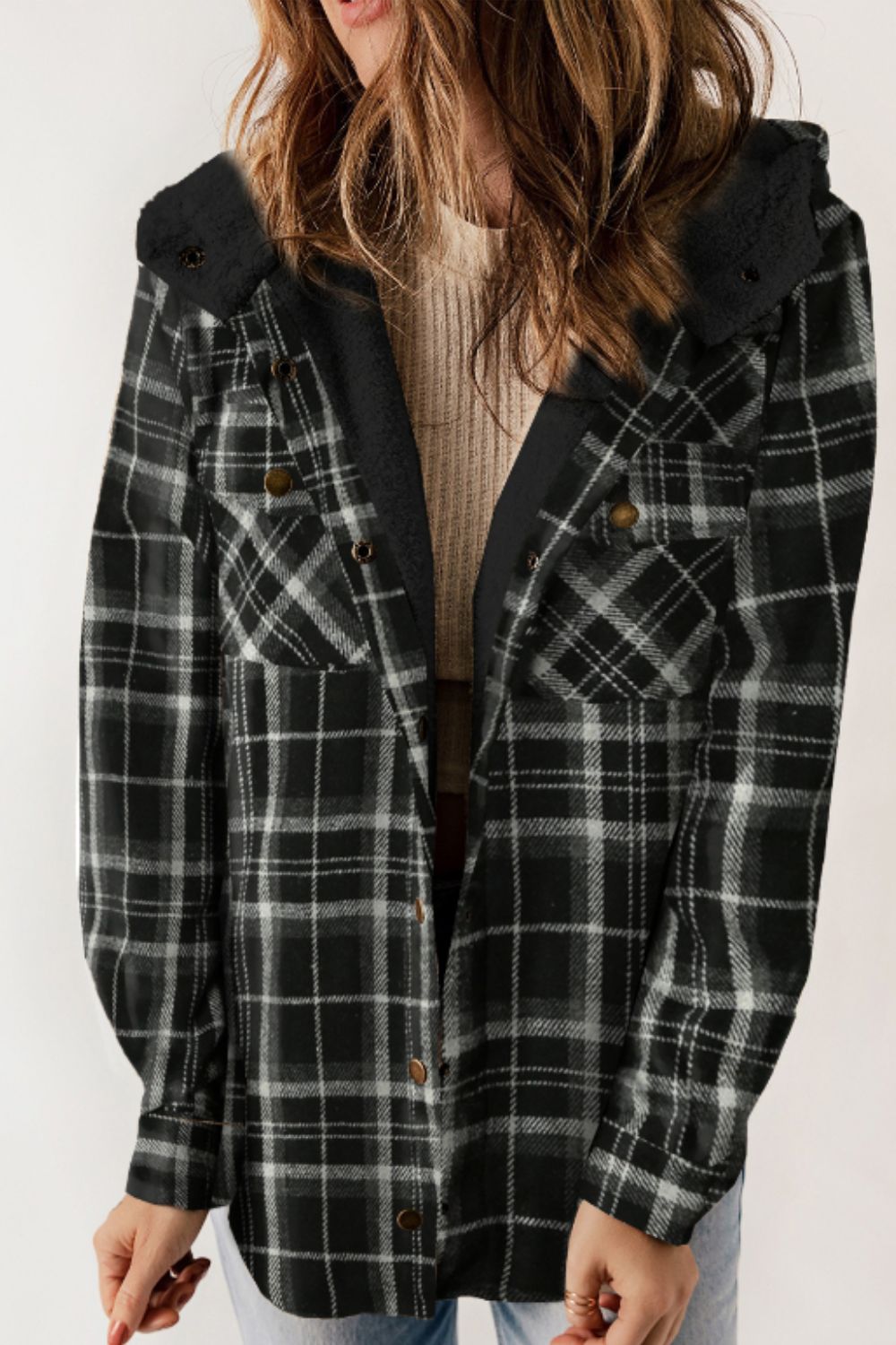 Plaid Button Up Long Sleeve Hooded Jacket-Angel Casuals