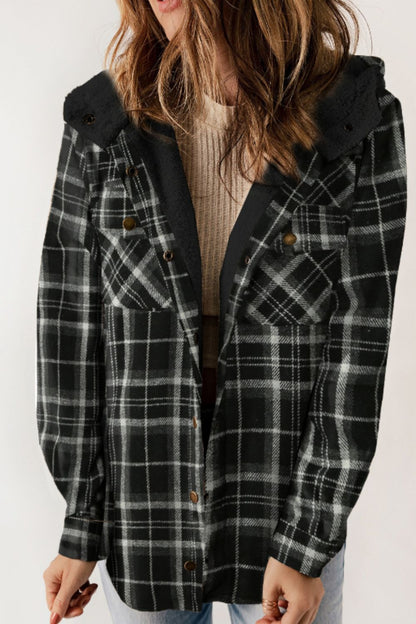 Plaid Button Up Long Sleeve Hooded Jacket-Angel Casuals