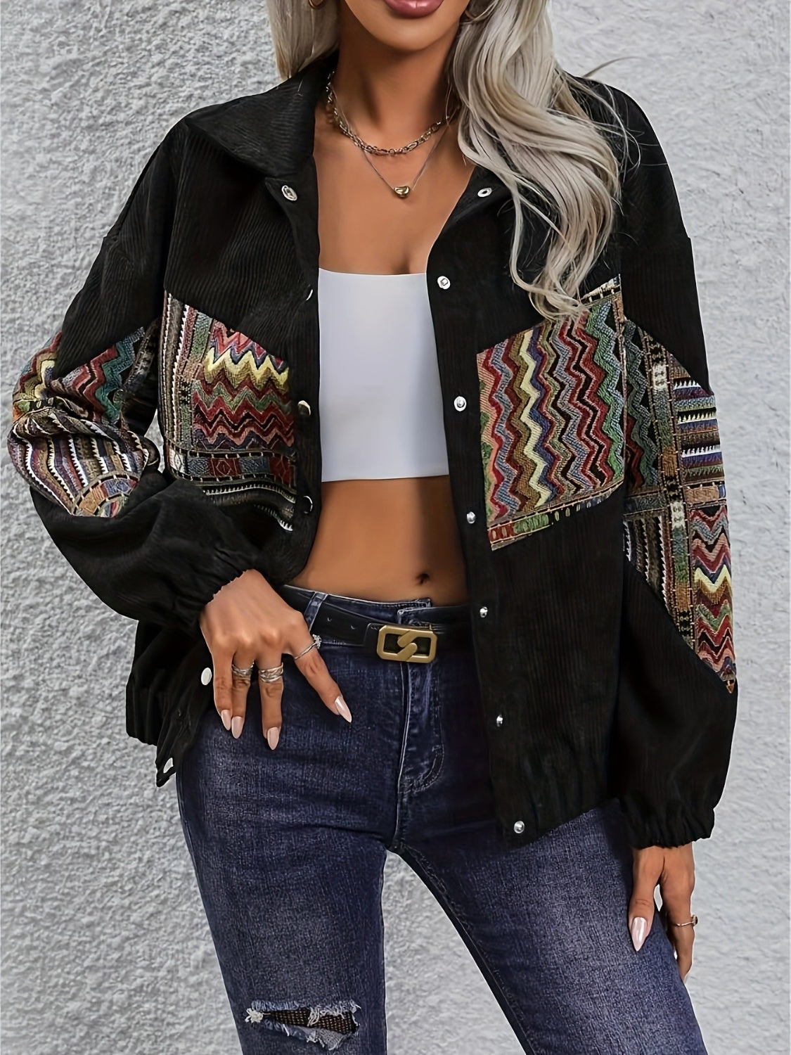 Embroidered Collared Neck Snap Down Jacket-Angel Casuals