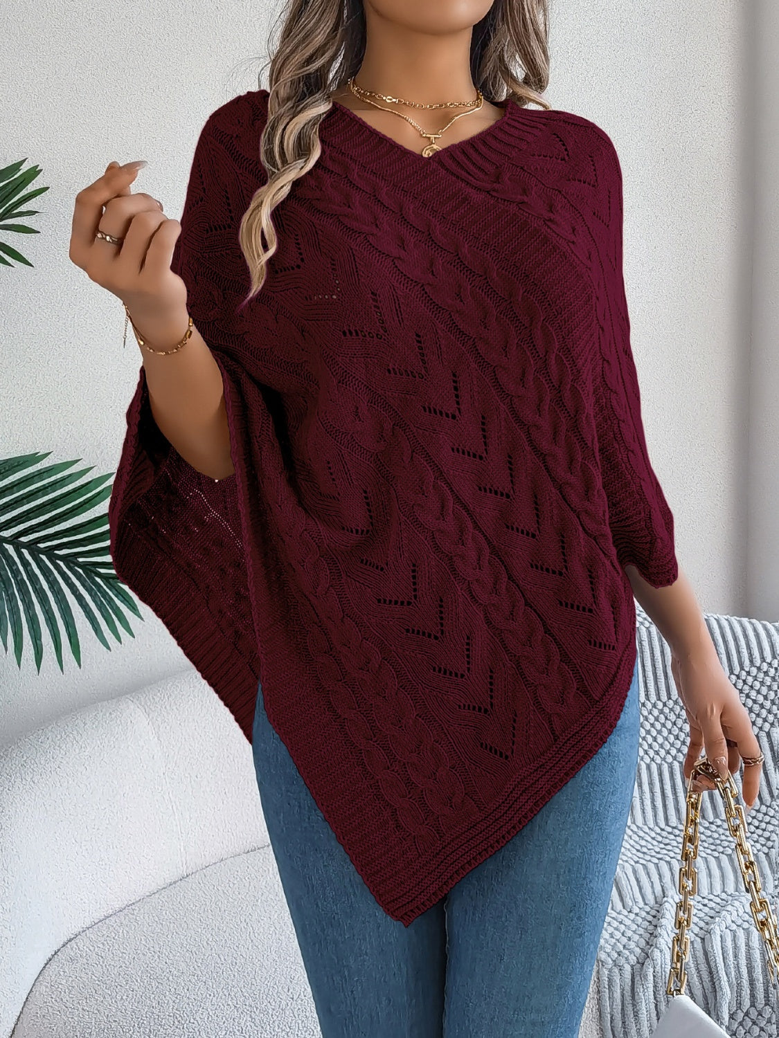 Cable-Knit Openwork Three-Quarter Sleeve Sweater-Angel Casuals