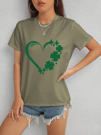 Heart Lucky Clover Round Neck Short Sleeve T-Shirt-Angel Casuals