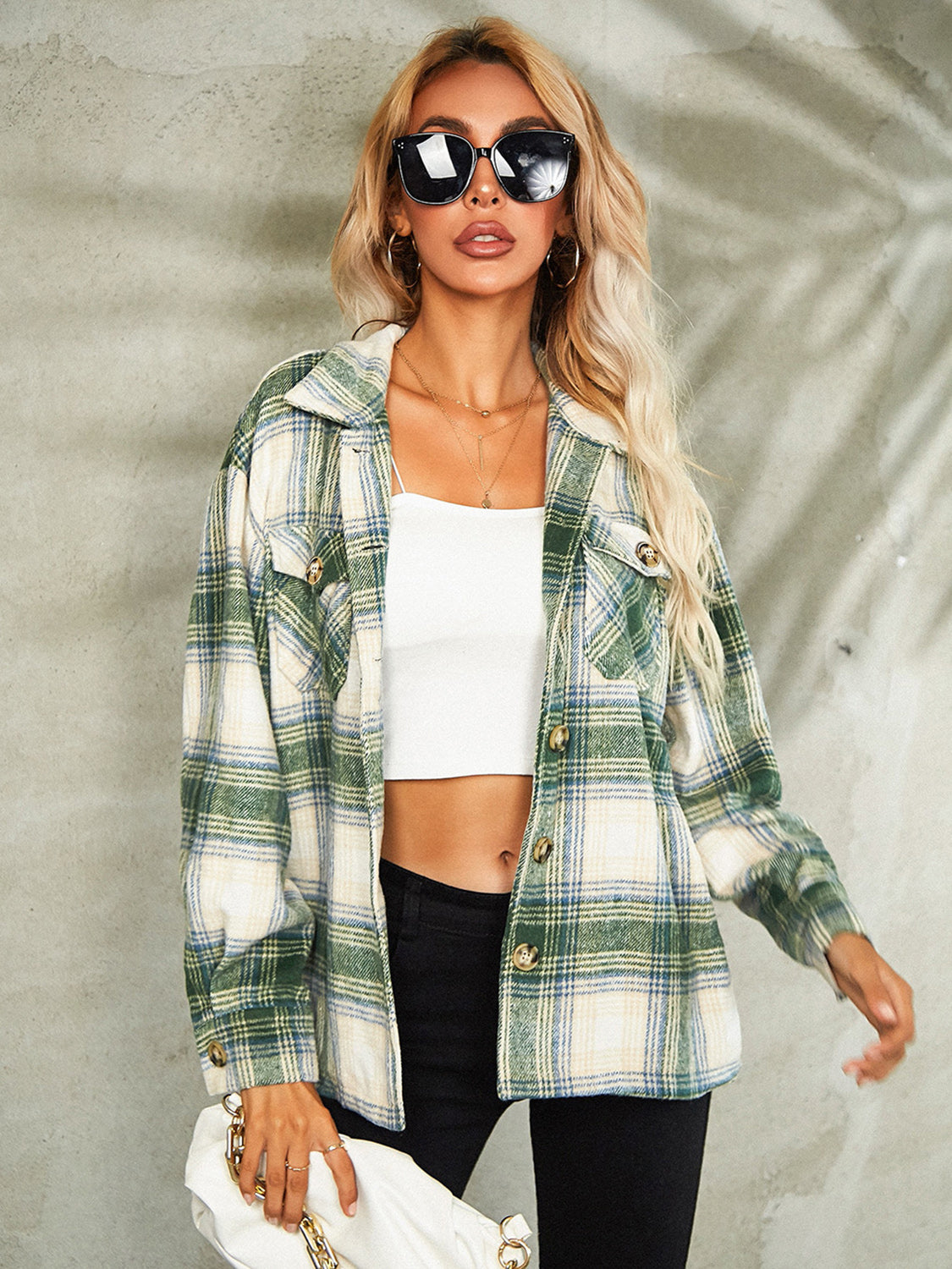 Plaid Button Down Collared Jacket-Angel Casuals