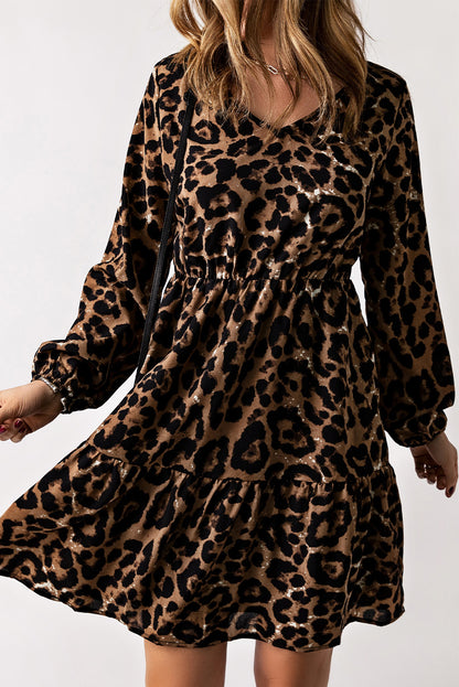 Leopard V-Neck Balloon Sleeve Tiered Dress-Angel Casuals