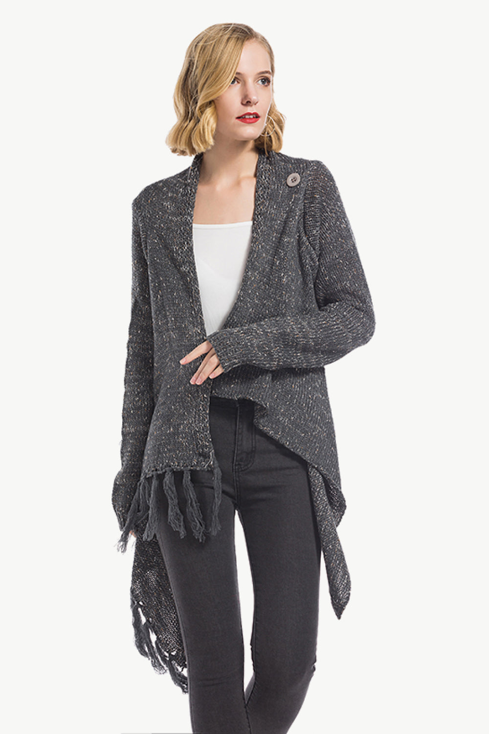 One-Button Tassel Tie Asymmetrical Hem Cardigan-Angel Casuals