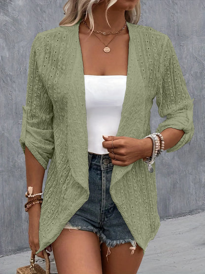 Eyelet Roll-Tab Sleeve Cardigan-Angel Casuals