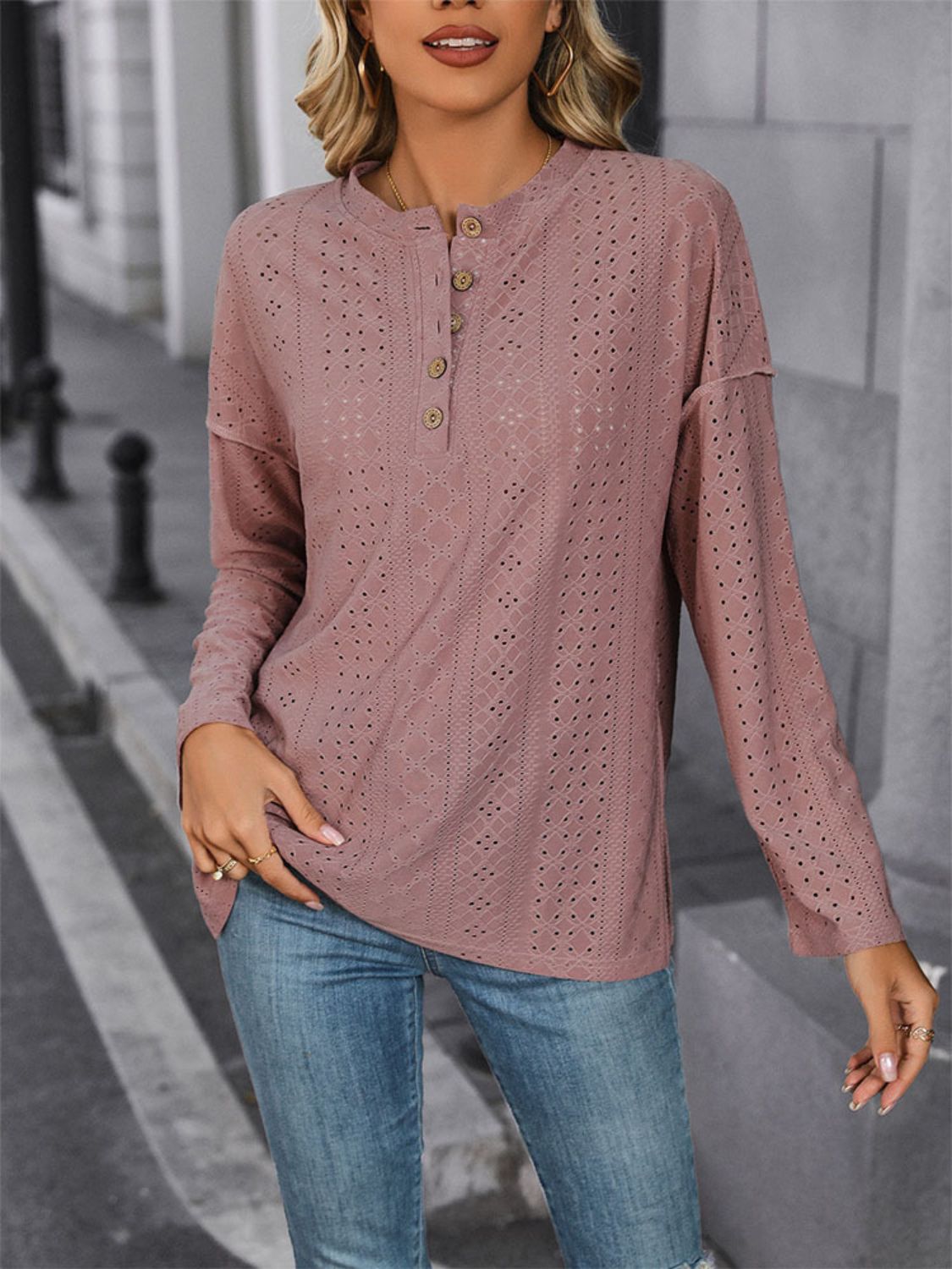 Perfee Eyelet Round Neck Long Sleeve Top-Angel Casuals