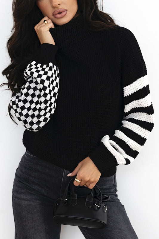 Striped & Checkered Turtleneck Dropped Shoulder Sweater-Angel Casuals