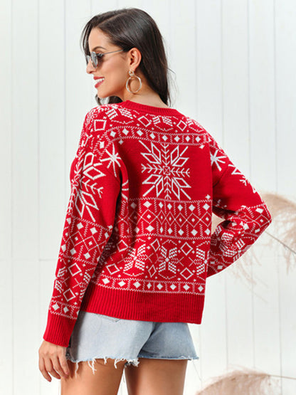 Snowflake Pattern Round Neck Sweater-Angel Casuals