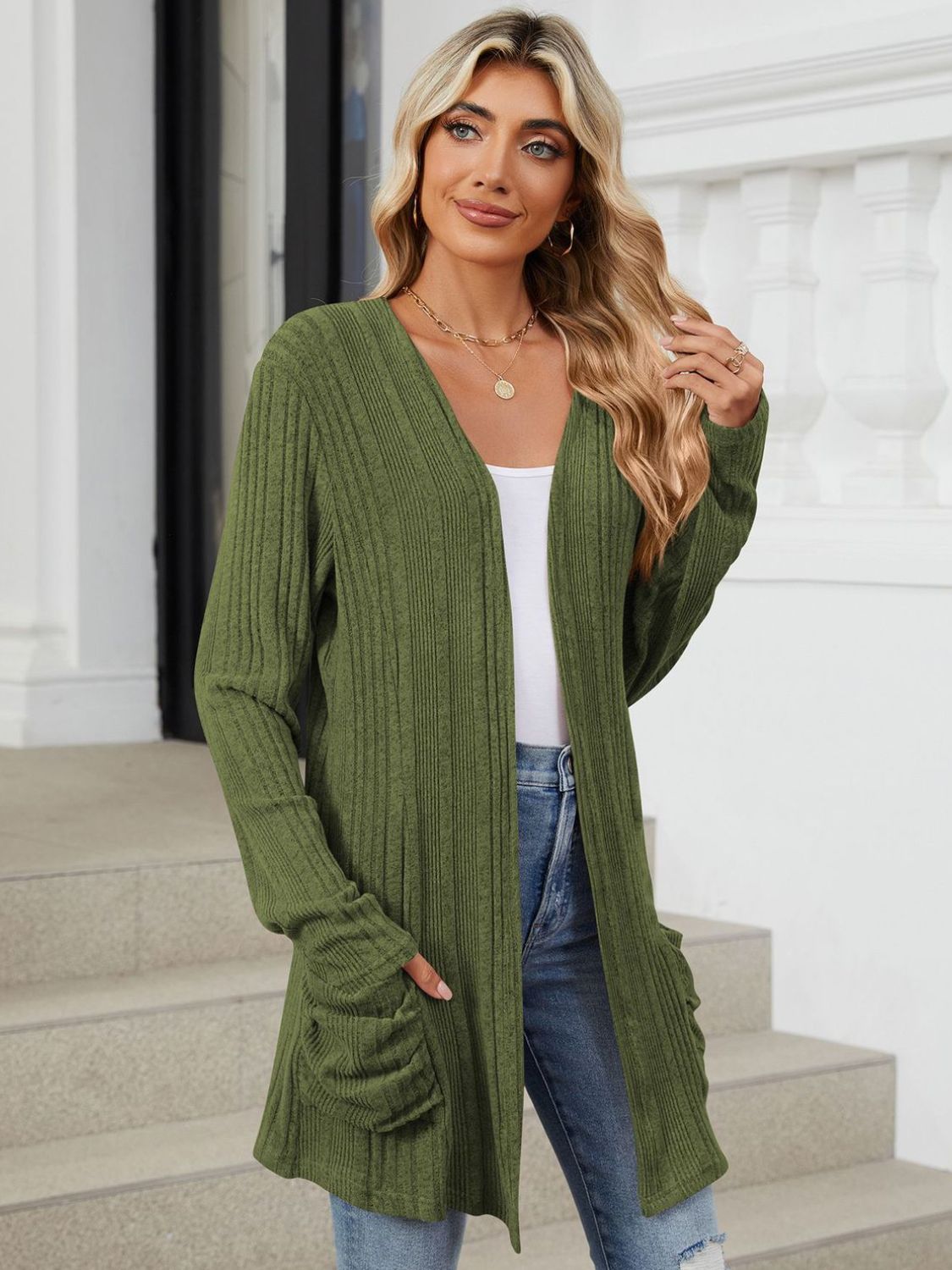 Pocketed Open Front Long Sleeve Cardigan-Angel Casuals