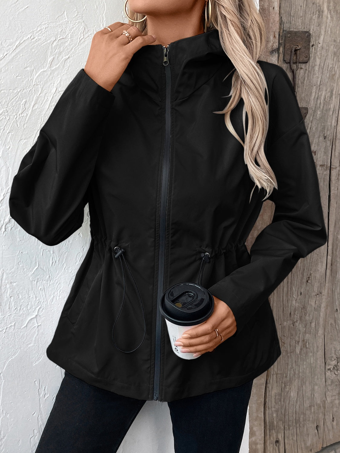 Ivy Lane Drawstring Zip Up Hooded Jacket-Angel Casuals